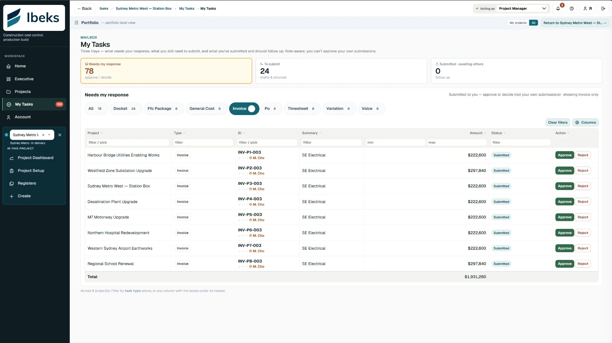 My Tasks approval queue with dockets, invoices and forecast packages awaiting response