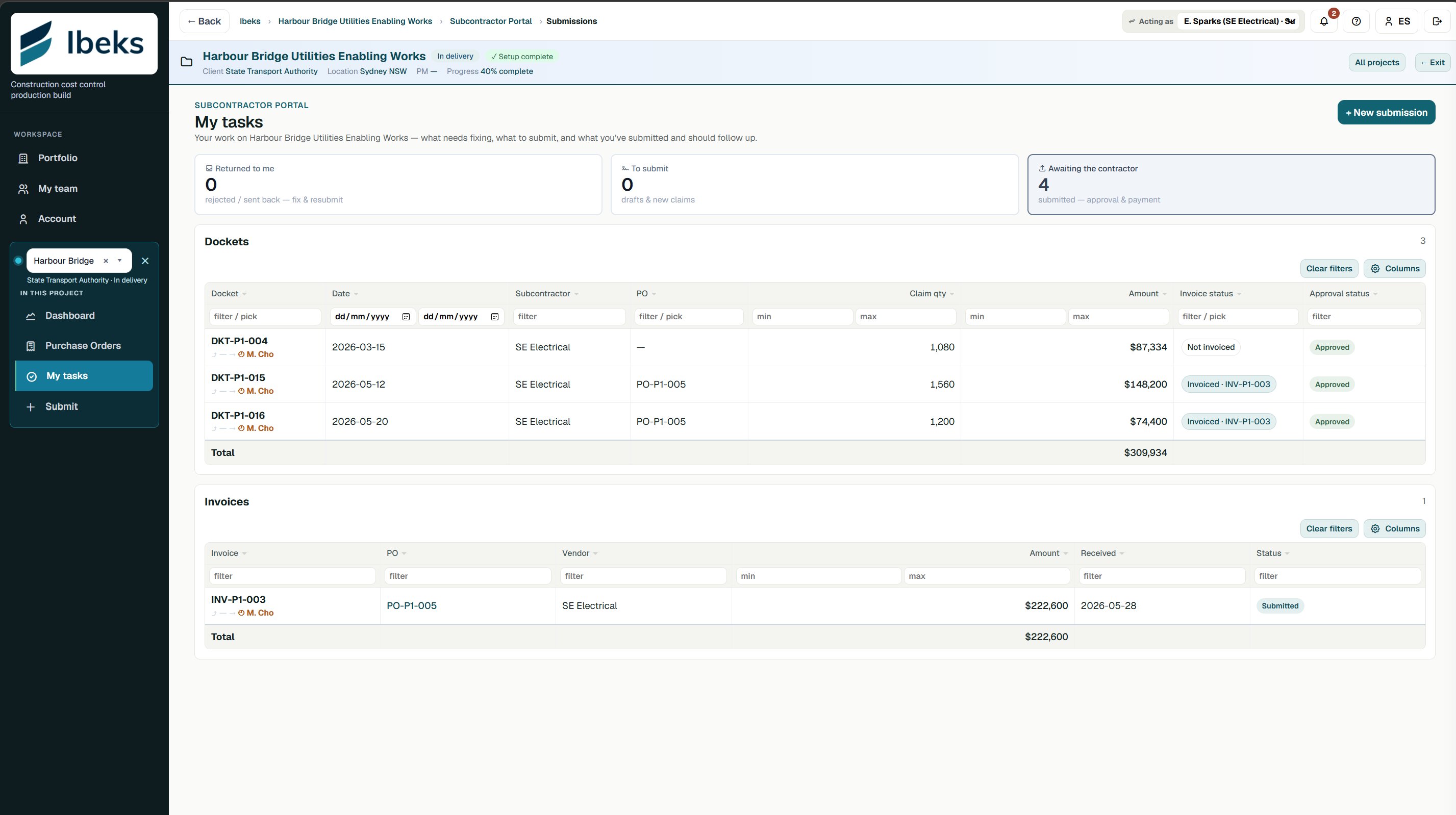 Subcontractor portal showing scoped dockets, claims and invoice status